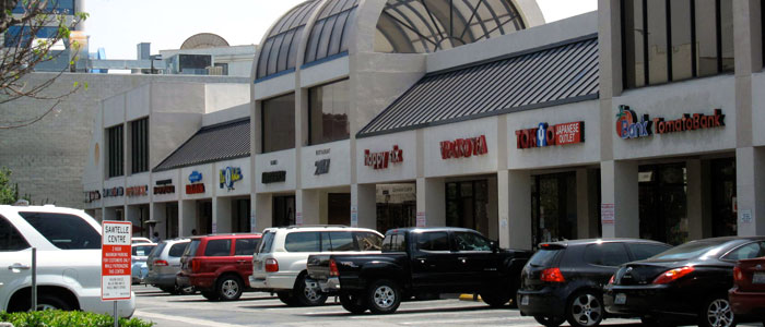 Plaza on west side of Sawtelle Blvd in West LA